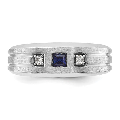 14K Weißgold Herren Satiniert Im Labor Erzeugt Saphir und 1/15 Karat Diamant Komplett Ring