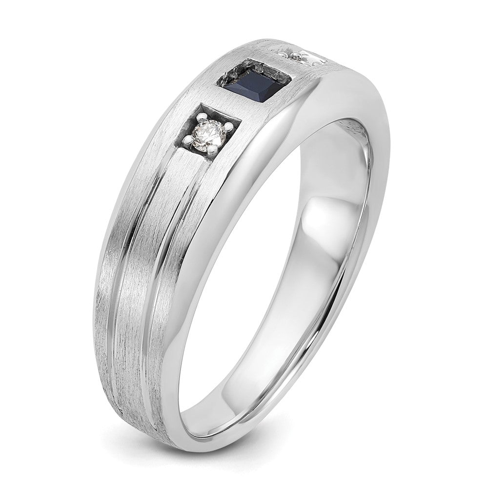 14K Weißgold Herren Satiniert Im Labor Erzeugt Saphir und 1/15 Karat Diamant Komplett Ring