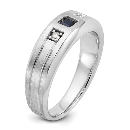 14K Weißgold Herren Satiniert Im Labor Erzeugt Saphir und 1/15 Karat Diamant Komplett Ring
