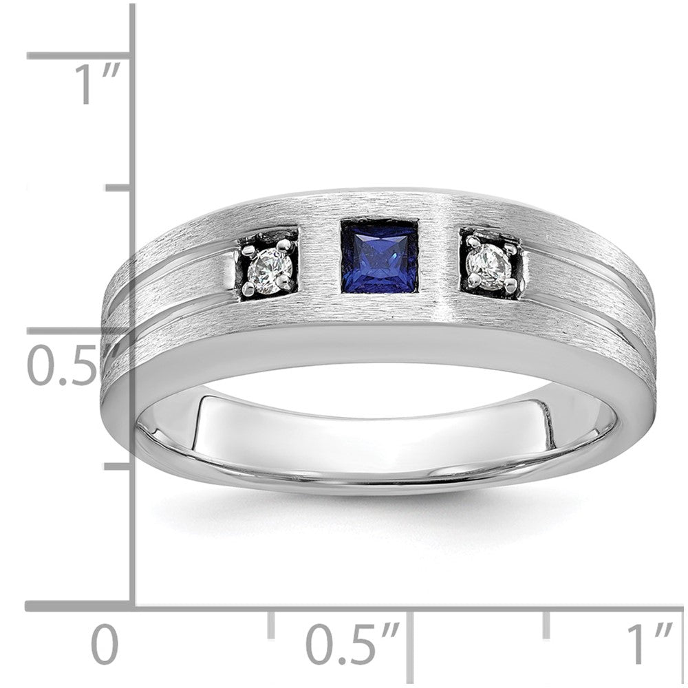 14K Weißgold Herren Satiniert Im Labor Erzeugt Saphir und 1/15 Karat Diamant Komplett Ring