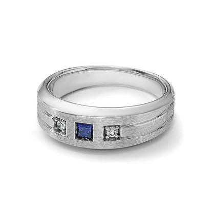 14K Weißgold Herren Satiniert Im Labor Erzeugt Saphir und 1/15 Karat Diamant Komplett Ring