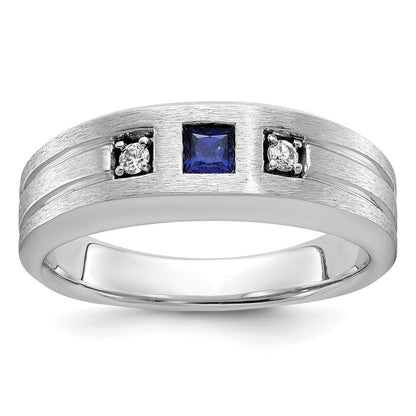 14K Weißgold Herren Satiniert Im Labor Erzeugt Saphir und 1/15 Karat Diamant Komplett Ring