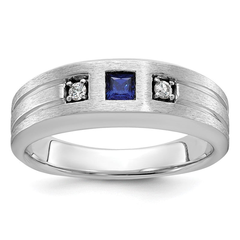 14K Weißgold Herren Satiniert Im Labor Erzeugt Saphir und 1/15 Karat Diamant Komplett Ring