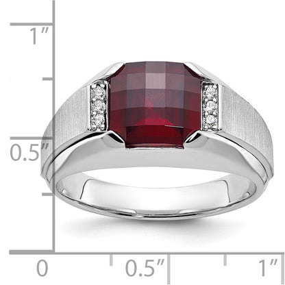 14K Weißgold Herren Erzeugt Granat und 1/20 Karat Diamant Komplett Ring