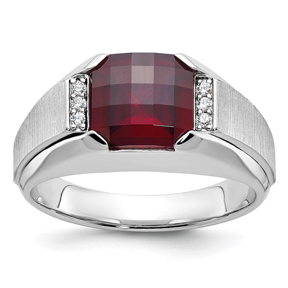 14K Weißgold Herren Erzeugt Granat und 1/20 Karat Diamant Komplett Ring