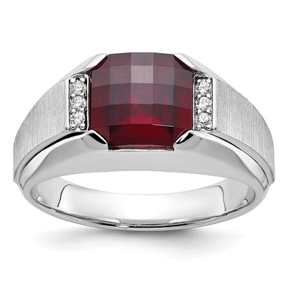 14K Weißgold Herren Erzeugt Granat und 1/20 Karat Diamant Komplett Ring