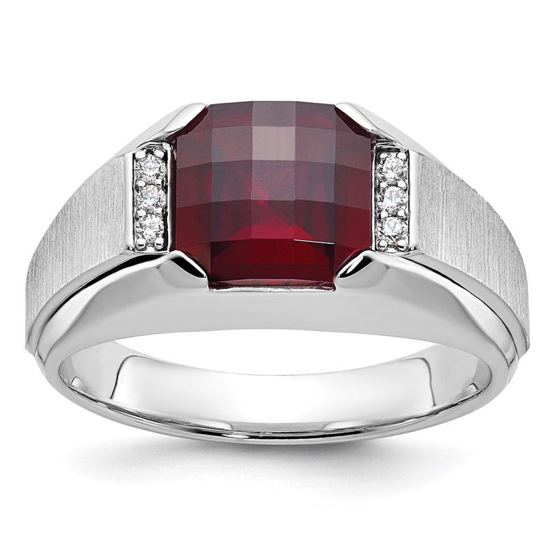 14K Weißgold Herren Erzeugt Granat und 1/20 Karat Diamant Komplett Ring