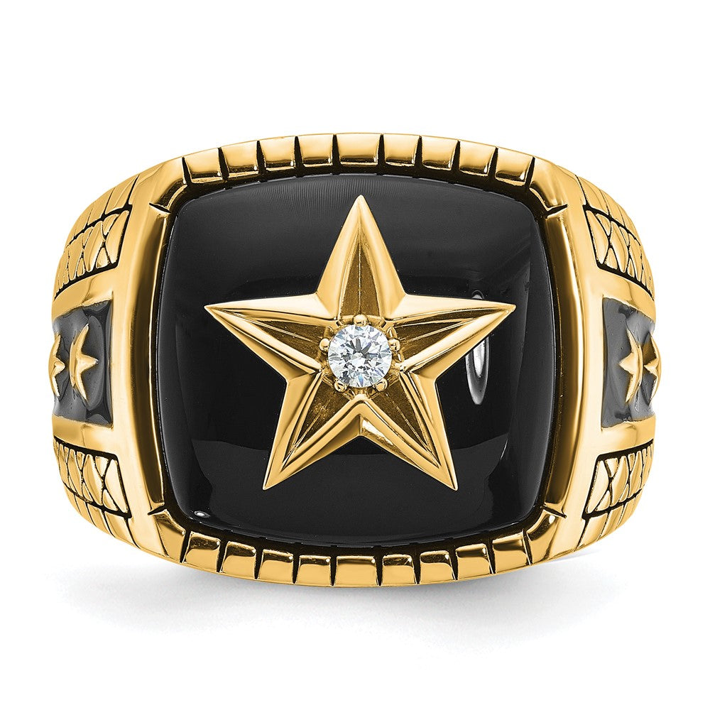 10K Gelbgold 10K Poliert und Antikisiert Stern Onyx Diamant Herren Ring