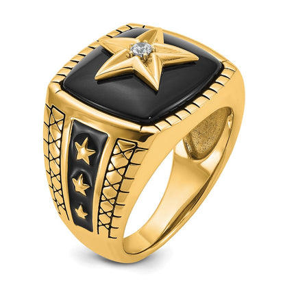 10K Gelbgold 10K Poliert und Antikisiert Stern Onyx Diamant Herren Ring