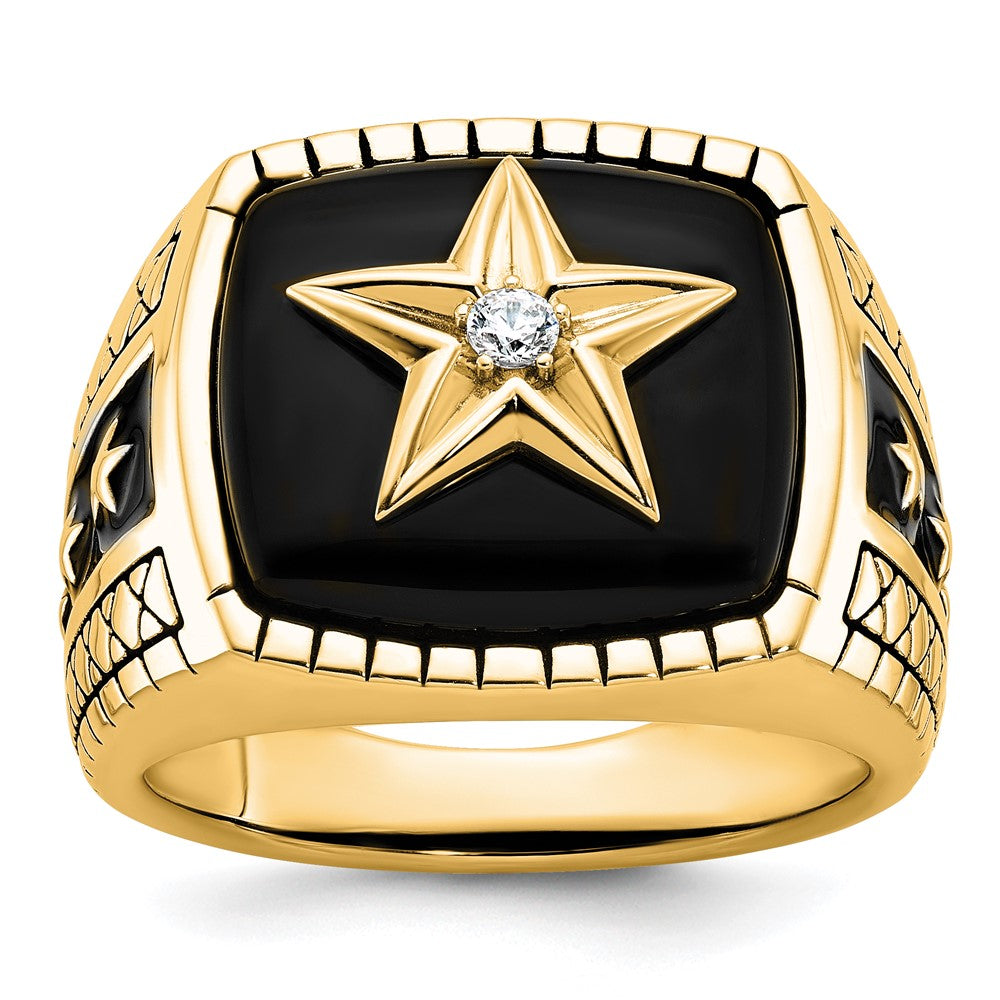 10K Gelbgold 10K Poliert und Antikisiert Stern Onyx Diamant Herren Ring