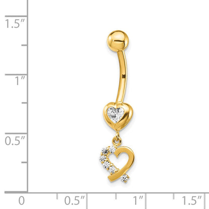 14K Gelbgold Zirkonia 2-hearts Hängend Belly Ring