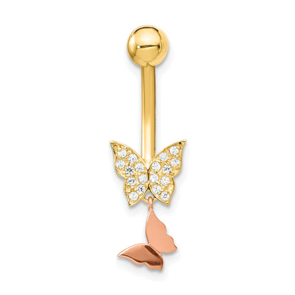 14K Bicolor 14 Stärke Doppelt Zirkonia Schmetterling Hängend Belly Ring