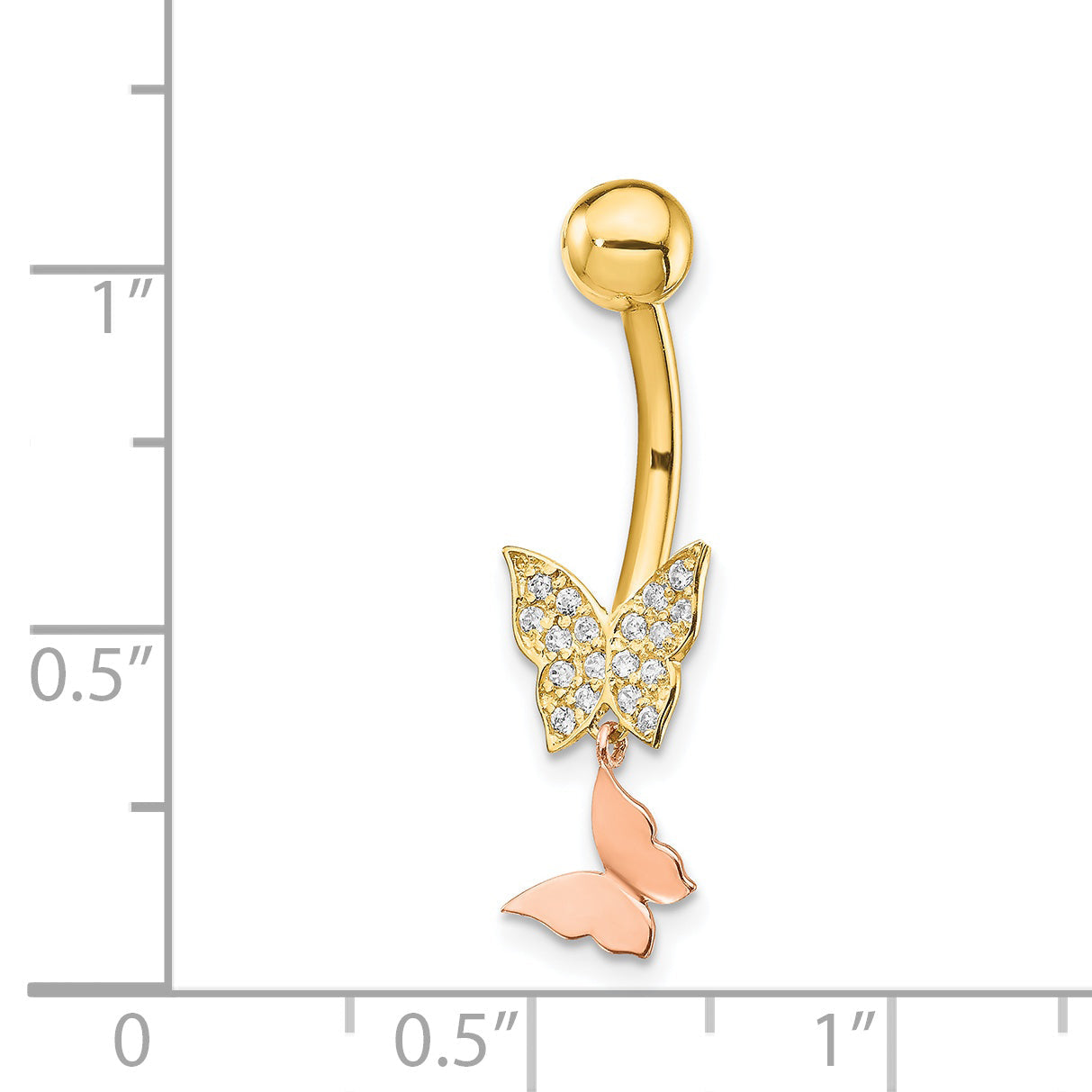 14K Bicolor 14 Stärke Doppelt Zirkonia Schmetterling Hängend Belly Ring