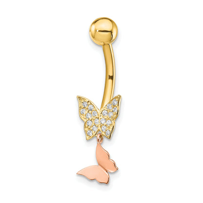 14K Bicolor 14 Stärke Doppelt Zirkonia Schmetterling Hängend Belly Ring