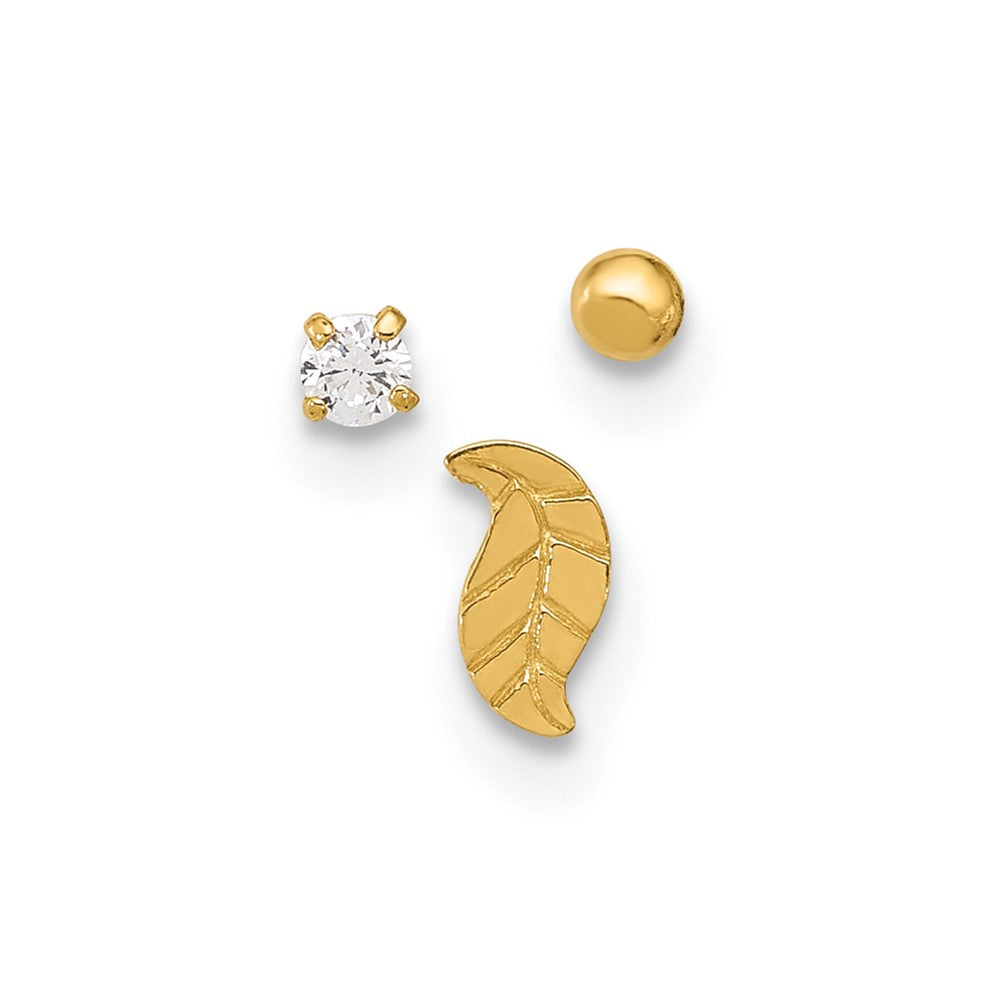 14K Gelbgold 22 Stärke Blatt, Kugel und Zirkonia Stecker Nasen Set
