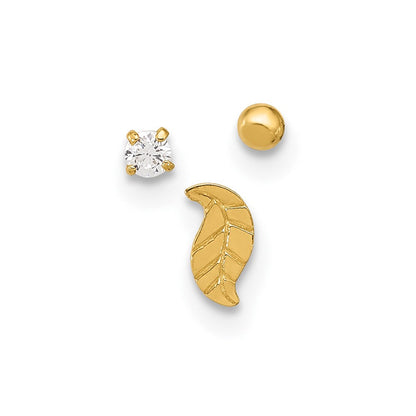 14K Gelbgold 22 Stärke Blatt, Kugel und Zirkonia Stecker Nasen Set