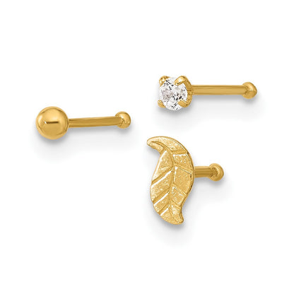 14K Gelbgold 22 Stärke Blatt, Kugel und Zirkonia Stecker Nasen Set