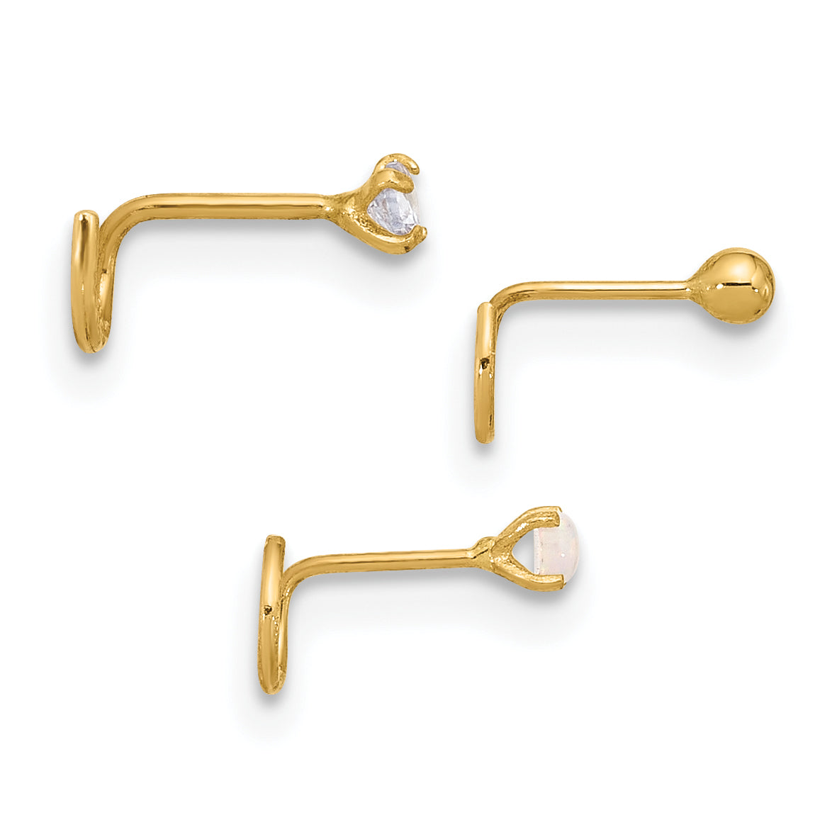 14K Gelbgold 22 Stärke Zirkonia, Synthetisch Opal und Kugel Nasen Stecker Set