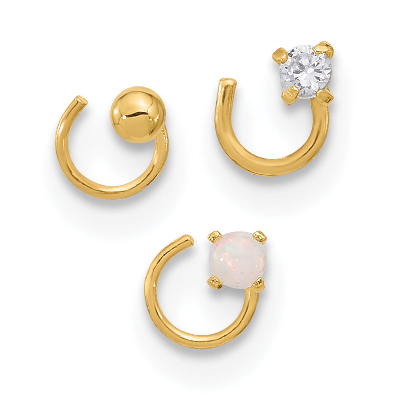 14K Gelbgold 22 Stärke Zirkonia, Synthetisch Opal und Kugel Nasen Stecker Set