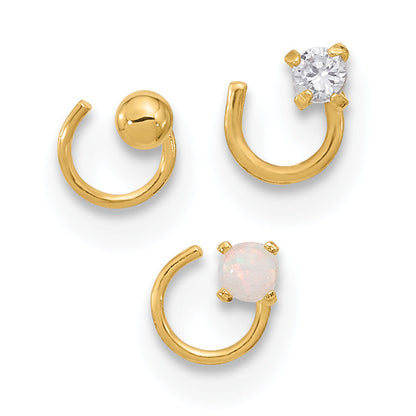 14K Gelbgold 22 Stärke Zirkonia, Synthetisch Opal und Kugel Nasen Stecker Set