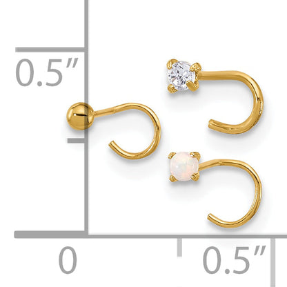 14K Gelbgold 22 Stärke Zirkonia, Synthetisch Opal und Kugel Nasen Stecker Set