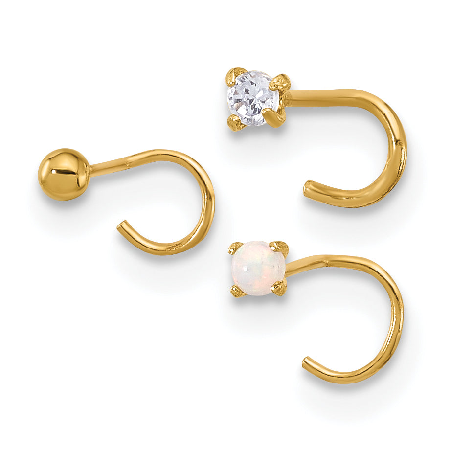 14K Gelbgold 22 Stärke Zirkonia, Synthetisch Opal und Kugel Nasen Stecker Set