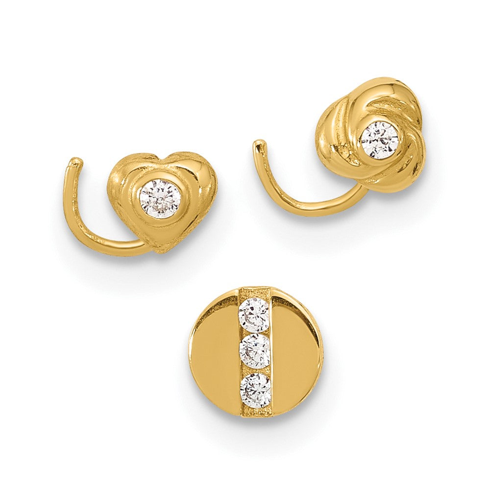14K Gelbgold 22 Stärke Zirkonia Herz, Blume, und Kreis Nasen Stecker Set