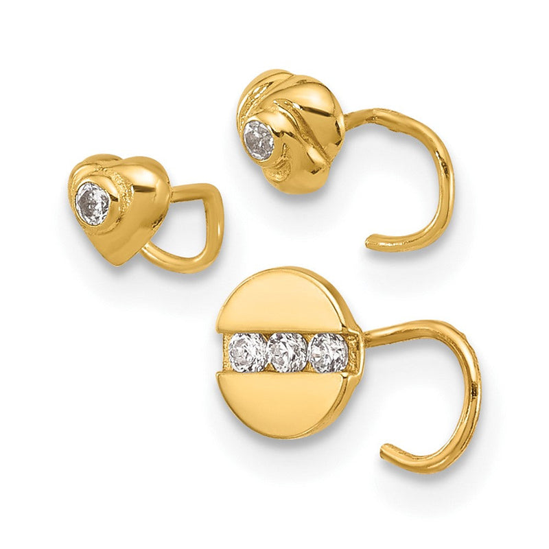 14K Gelbgold 22 Stärke Zirkonia Herz, Blume, und Kreis Nasen Stecker Set