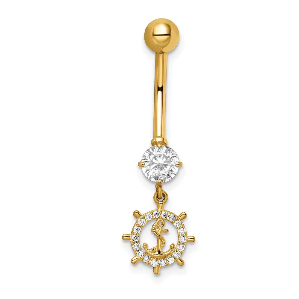 14K Gelbgold 14 Stärke Zirkonia Anker & Ships Rad Belly Ring