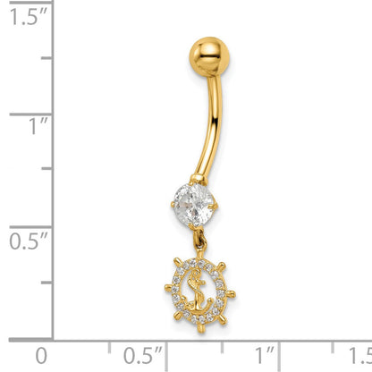 14K Gelbgold 14 Stärke Zirkonia Anker & Ships Rad Belly Ring