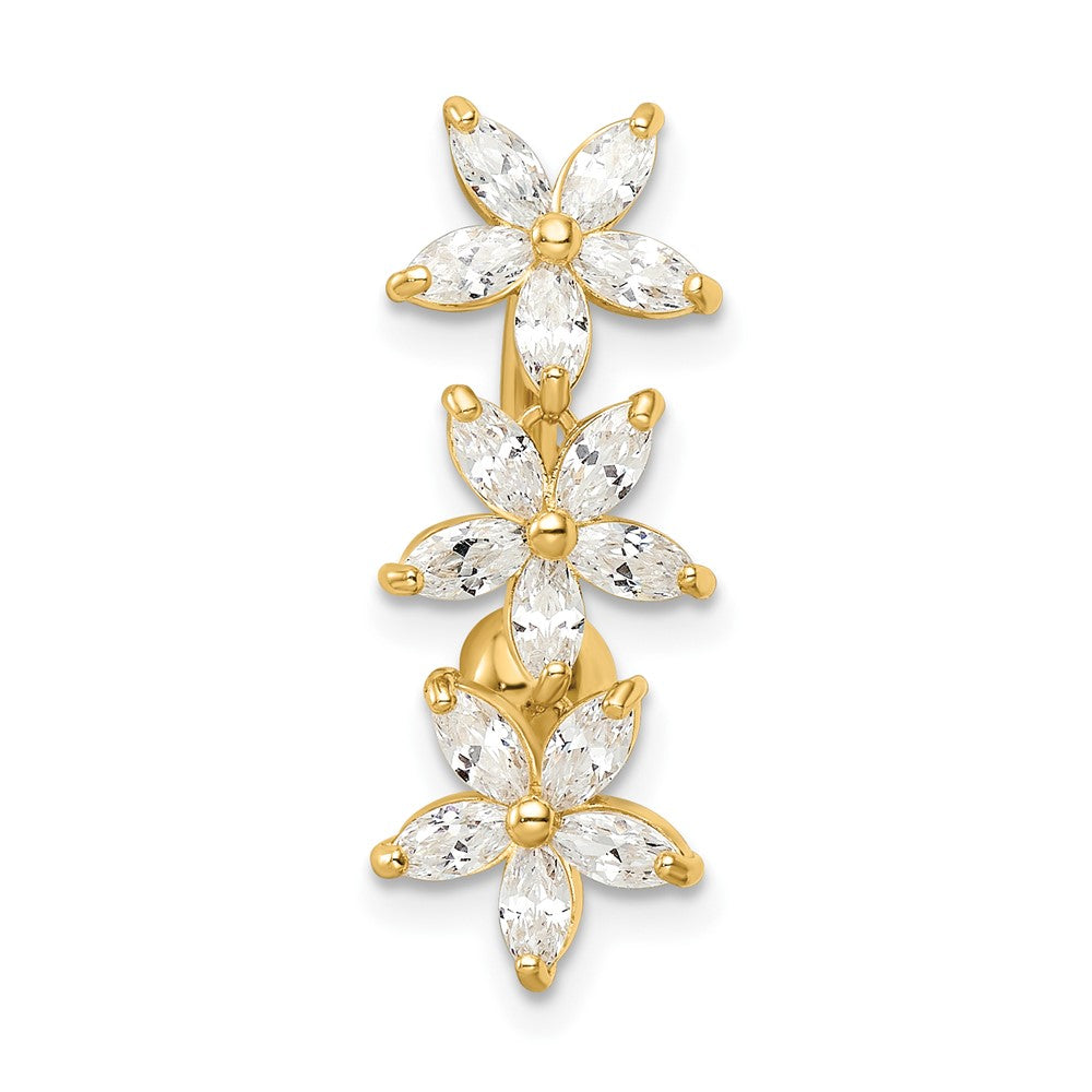 14K Gelbgold 14 Stärke Zirkonia 3 Blumen Hängend Belly Ring