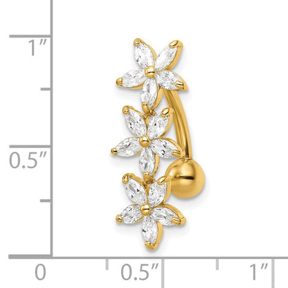 14K Gelbgold 14 Stärke Zirkonia 3 Blumen Hängend Belly Ring