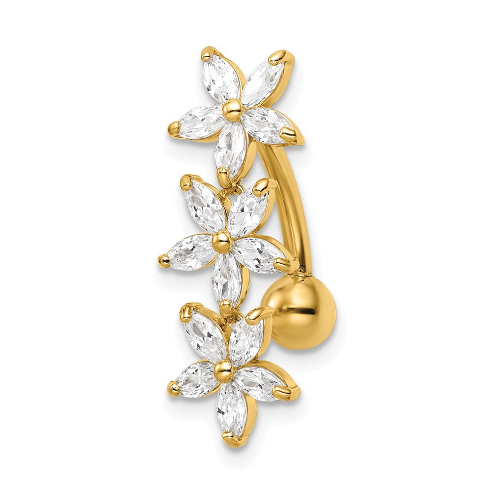 14K Gelbgold 14 Stärke Zirkonia 3 Blumen Hängend Belly Ring
