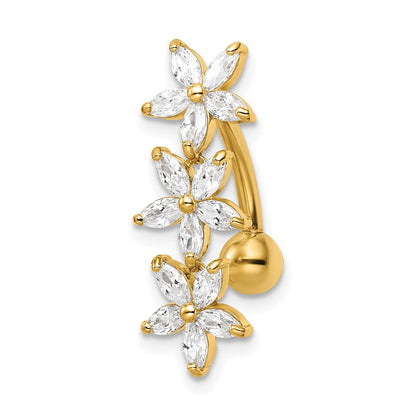 14K Gelbgold 14 Stärke Zirkonia 3 Blumen Hängend Belly Ring