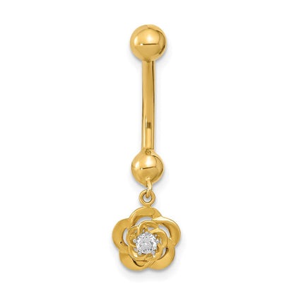 14K Gelbgold 14 Stärke Hängend Blume Zirkonia Belly/navel Ring Body Schmuck