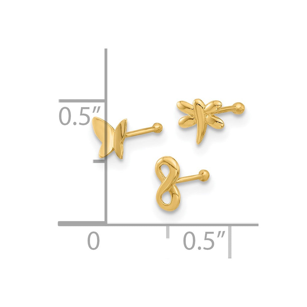 14K Gelbgold Poliert Unendlichkeit Symbol, Libelle und Schmetterling Nasen Ohrstecker