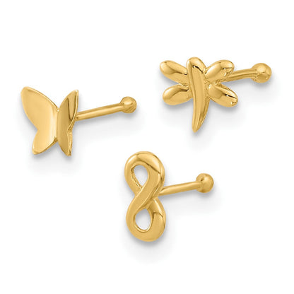 14K Gelbgold Poliert Unendlichkeit Symbol, Libelle und Schmetterling Nasen Ohrstecker