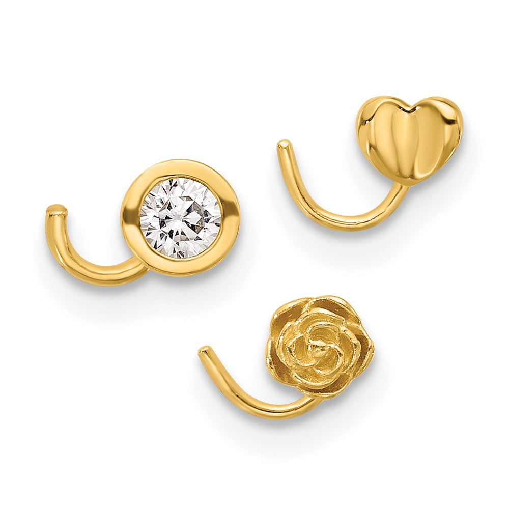 14K Gelbgold Poliert Zirkonia, Blume und Herz Nasen Ring Set
