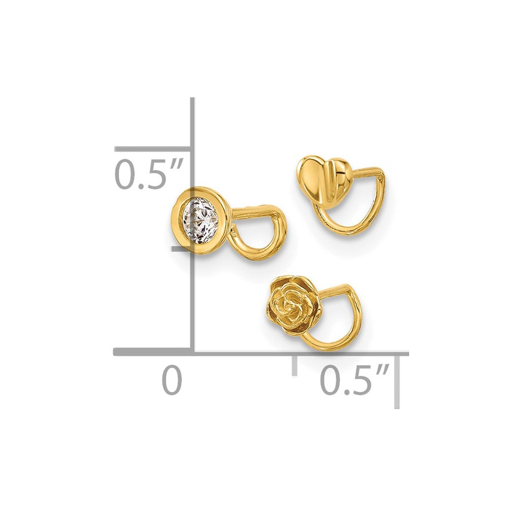 14K Gelbgold Poliert Zirkonia, Blume und Herz Nasen Ring Set