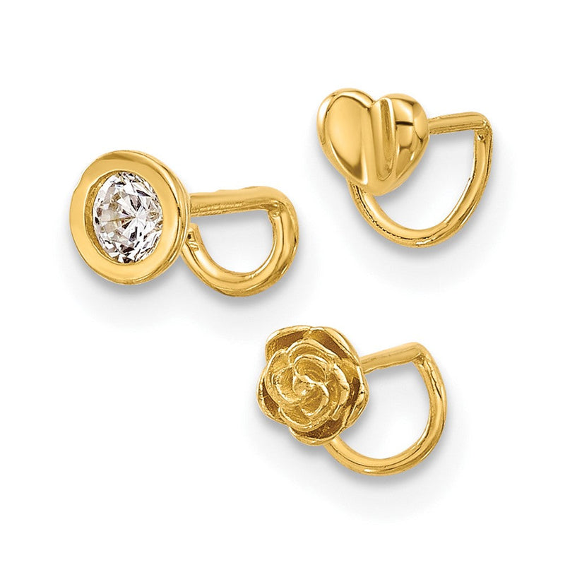 14K Gelbgold Poliert Zirkonia, Blume und Herz Nasen Ring Set