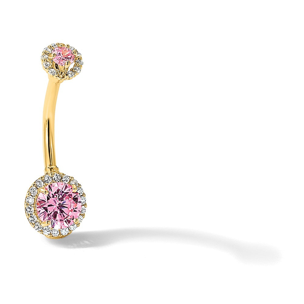 14K Gelbgold Poliert Rosa und Weiß Zirkonia Navel/belly Ring
