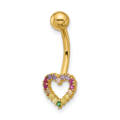 14K Gelbgold Poliert Regenbogen Zirkonia Herz Belly / Navel Ring