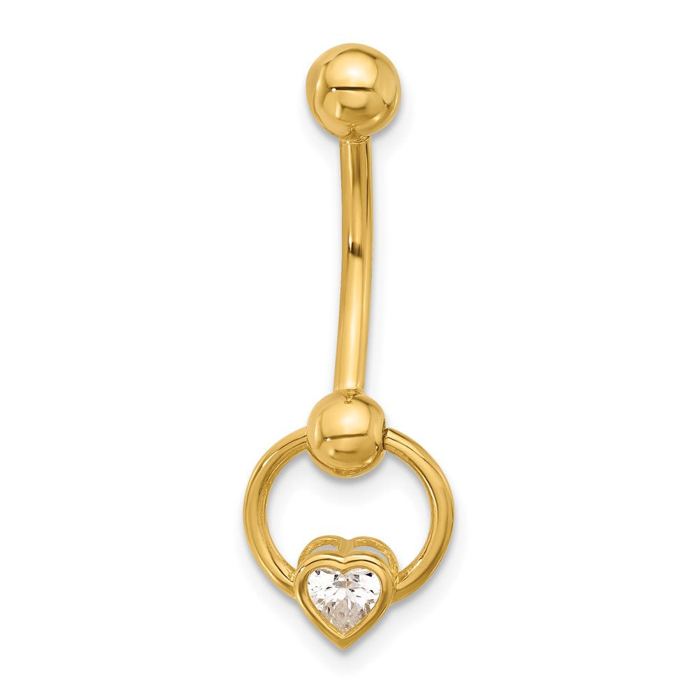 14K Gelbgold Poliert Zirkonia Herz Hängend Navel/belly Ring