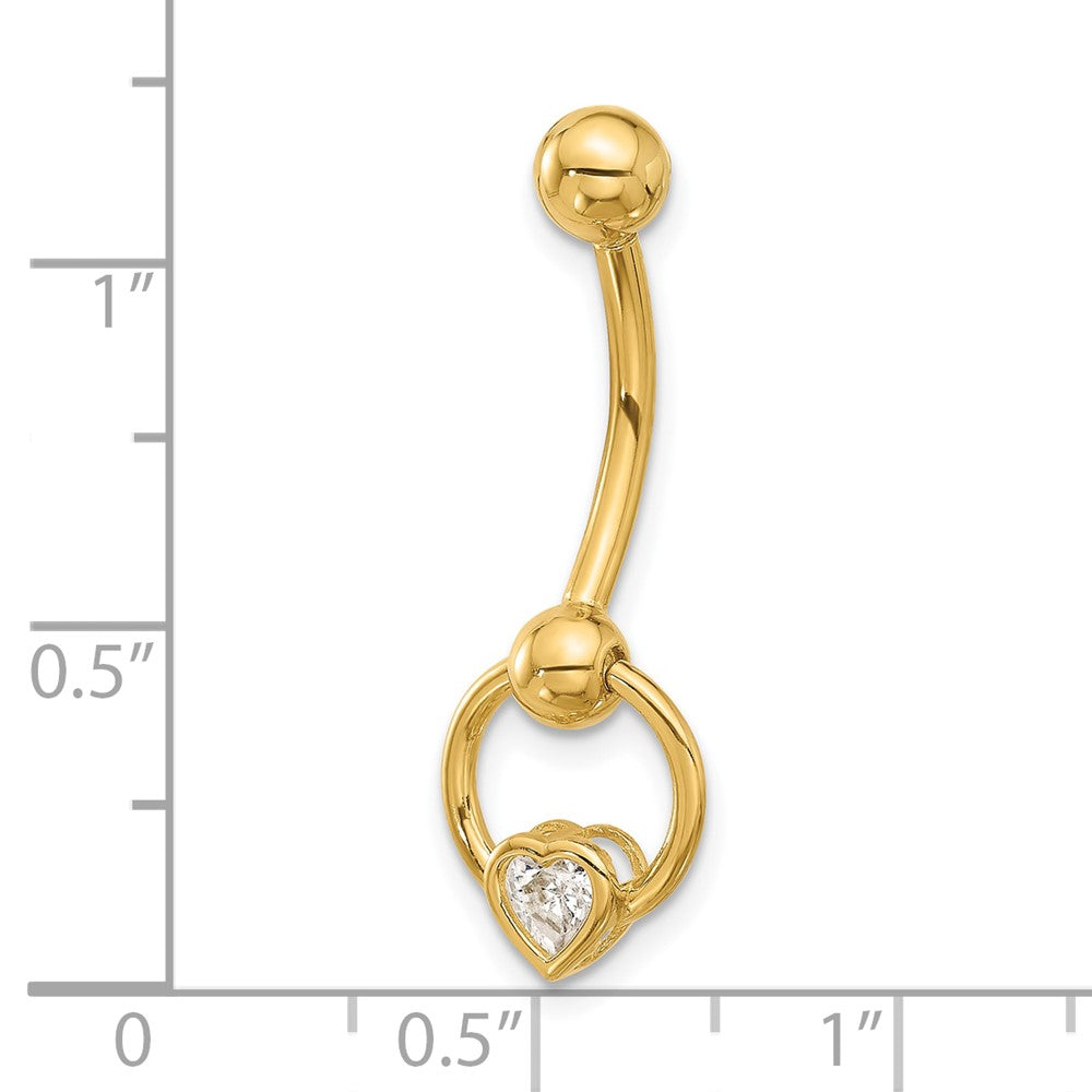 14K Gelbgold Poliert Zirkonia Herz Hängend Navel/belly Ring