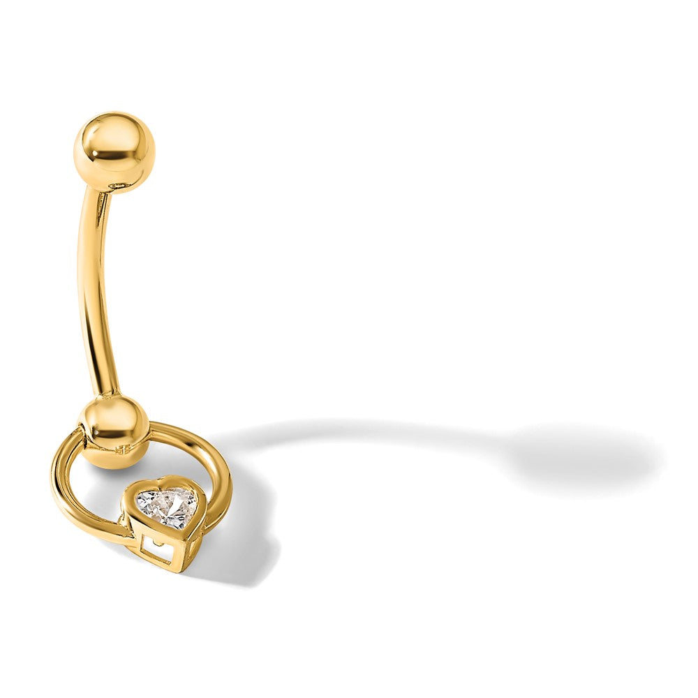 14K Gelbgold Poliert Zirkonia Herz Hängend Navel/belly Ring
