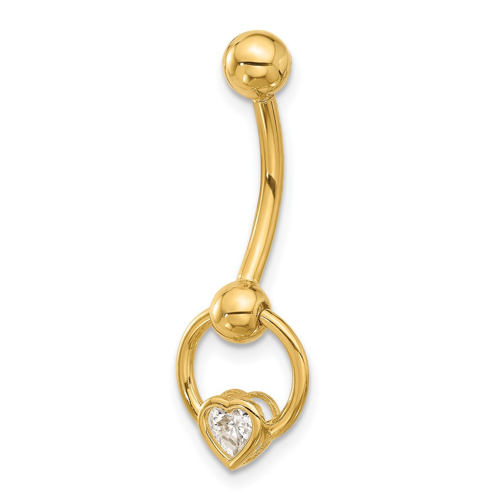 14K Gelbgold Poliert Zirkonia Herz Hängend Navel/belly Ring