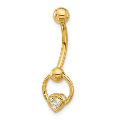 14K Gelbgold Poliert Zirkonia Herz Hängend Navel/belly Ring