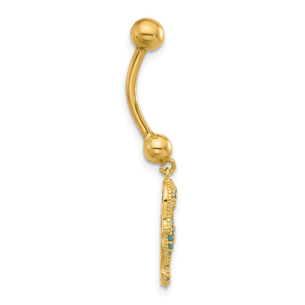14K Gelbgold Poliert Blau Zirkonia Seepferdchen Hängend Navel/belly Ring