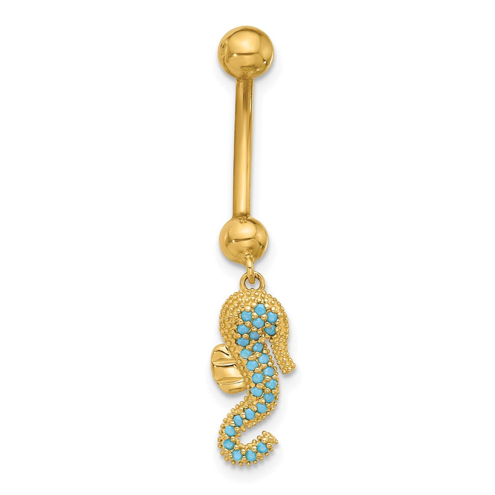 14K Gelbgold Poliert Blau Zirkonia Seepferdchen Hängend Navel/belly Ring