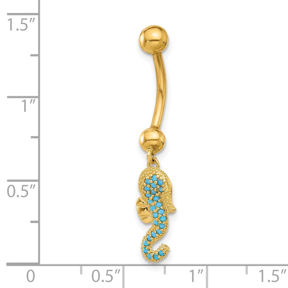 14K Gelbgold Poliert Blau Zirkonia Seepferdchen Hängend Navel/belly Ring